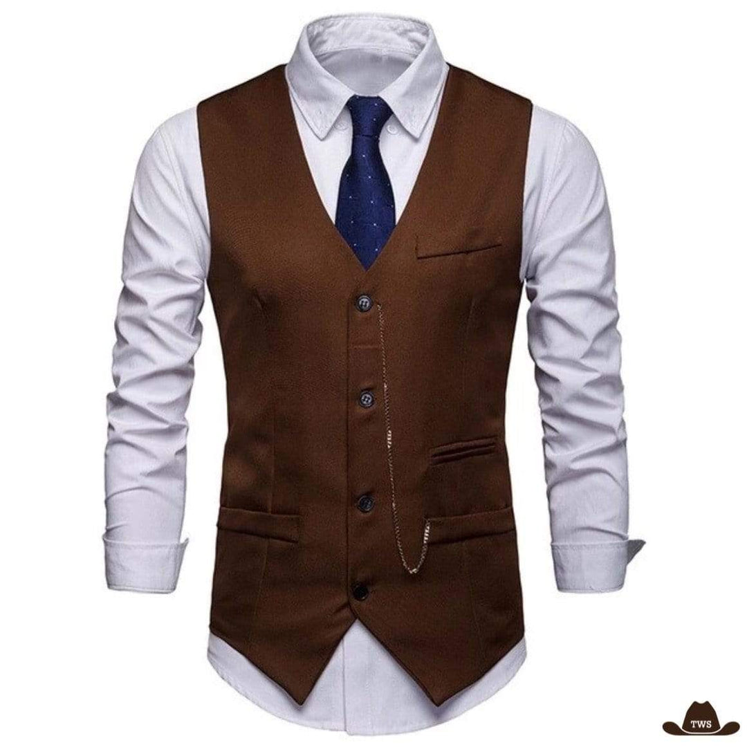 Brown vest, white shirt, blue tie, pocket watch chain.