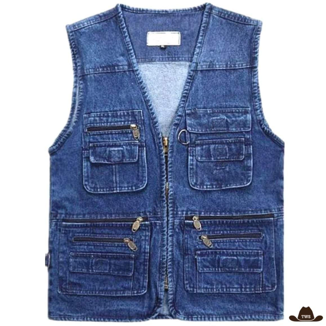 Blue denim vest with multiple pockets.