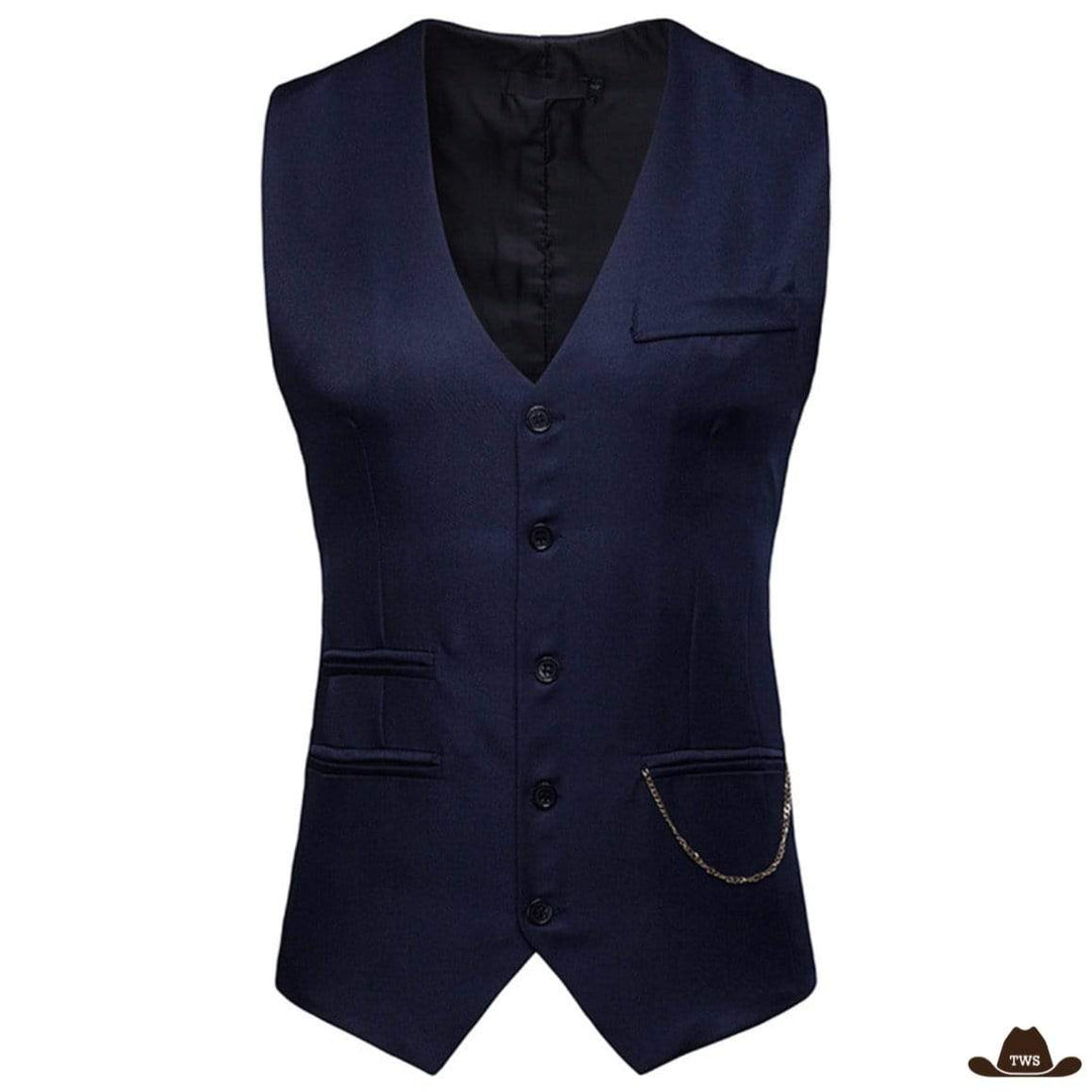 Blue formal vest with black lining and pocket chain.
