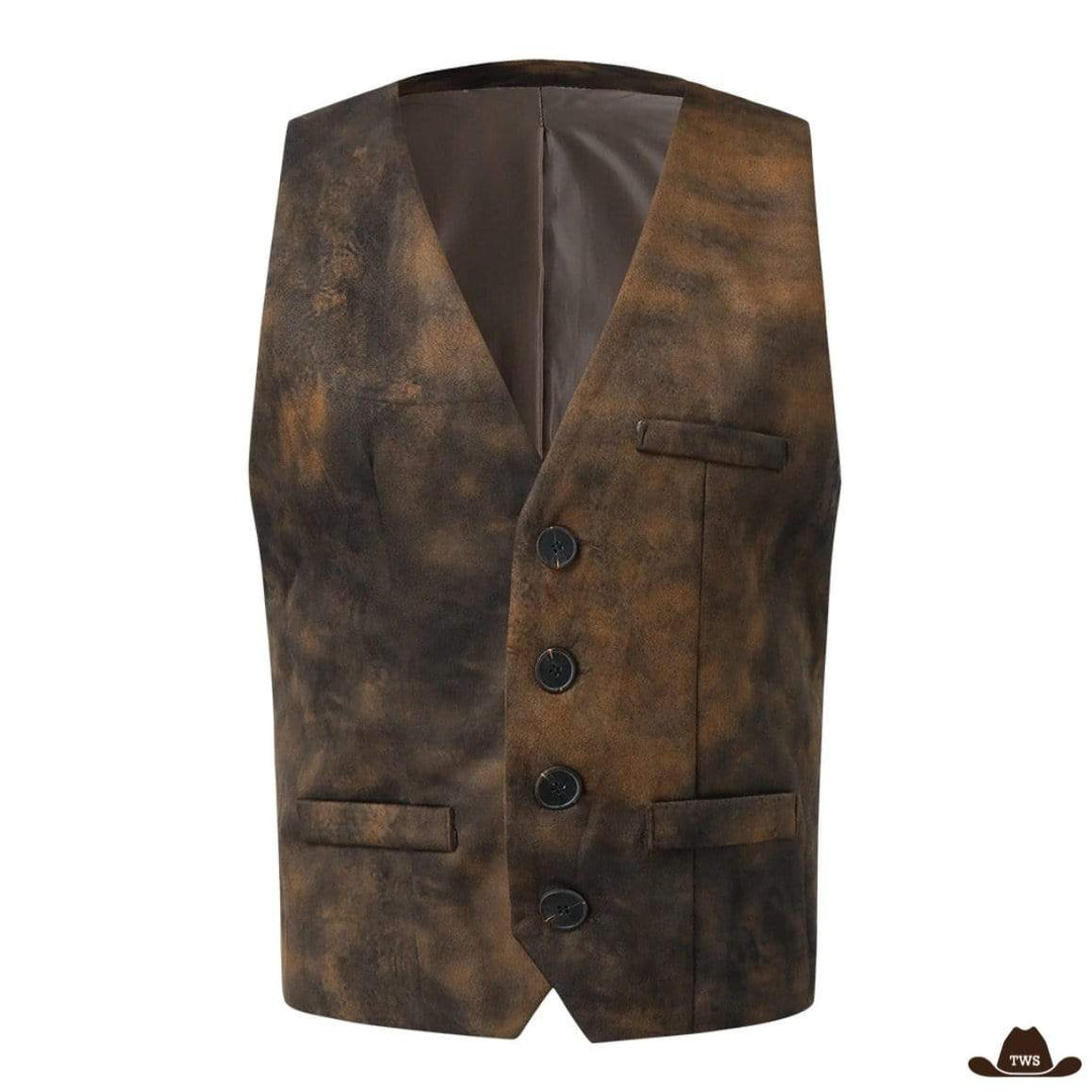 Brown textured vest with four buttons.