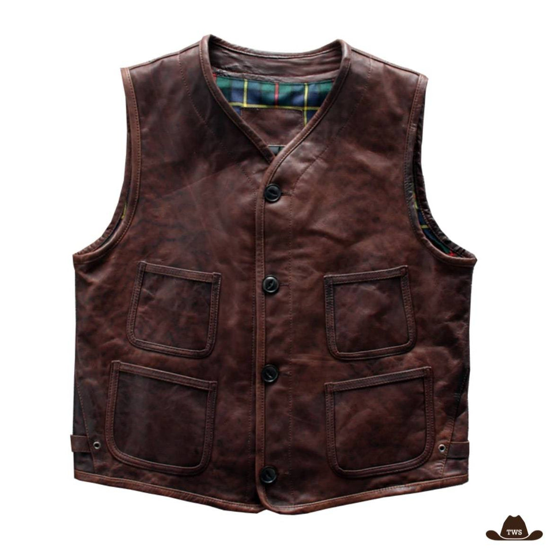 Brown leather vest with four pockets and a plaid lining.
