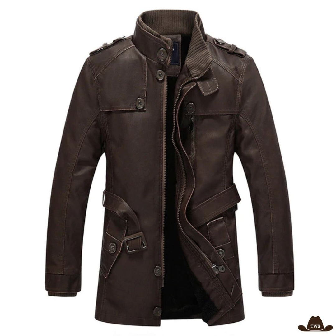 Brown leather jacket, partially unzipped, with buttons.

