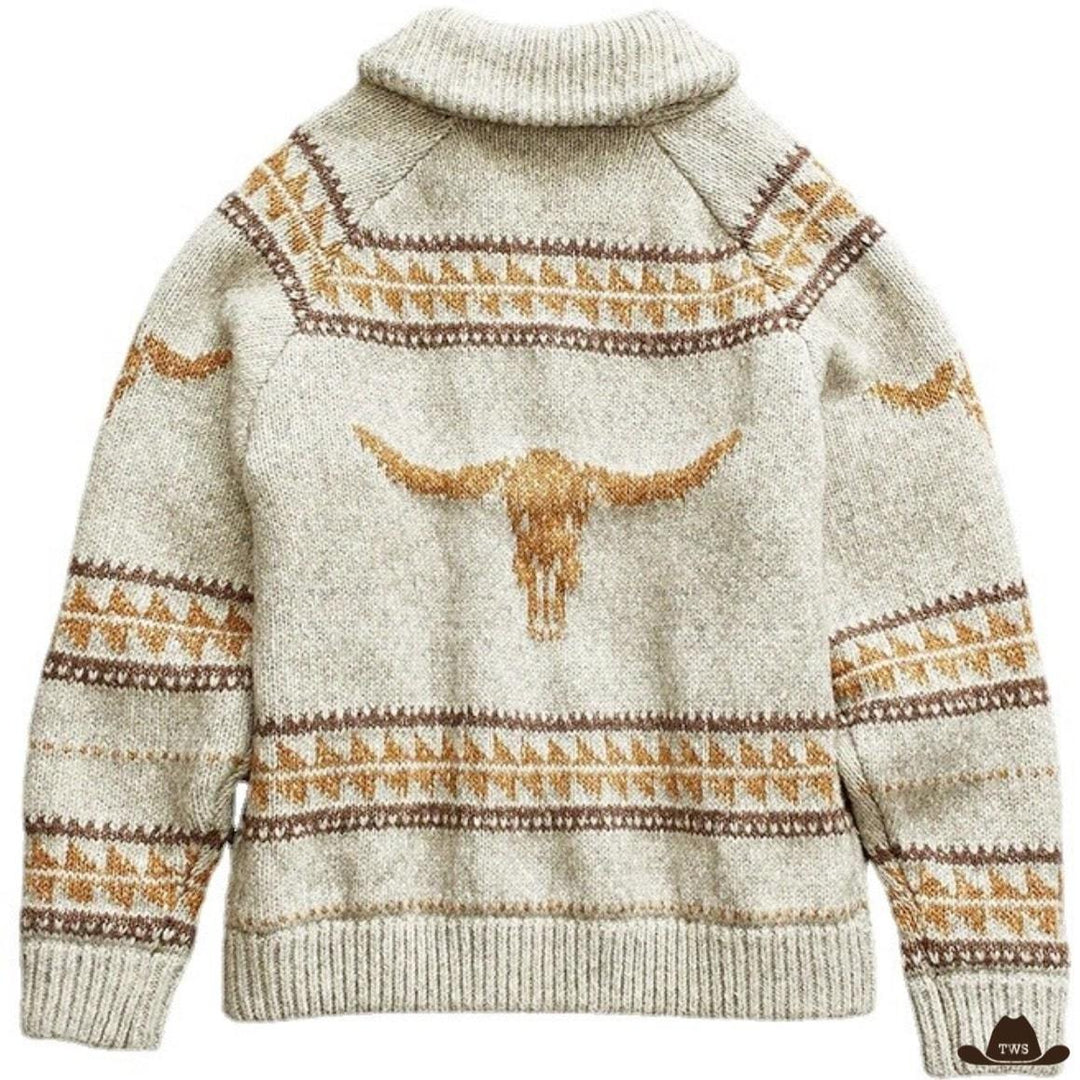 Tan knit sweater with a steer skull.